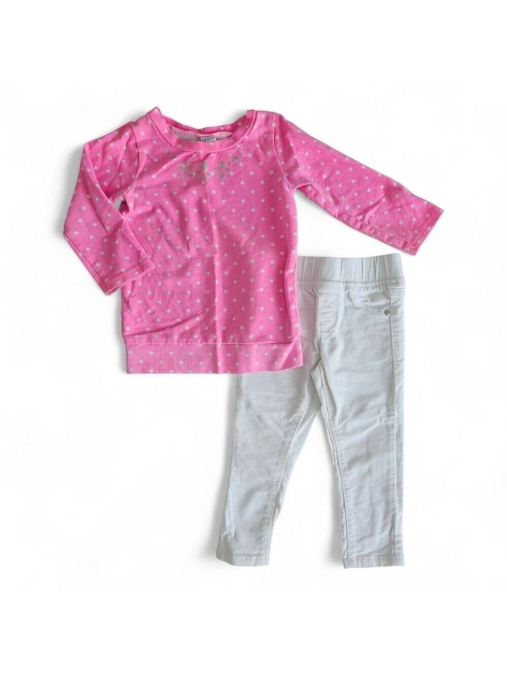 5/$25 Carter’s Toddler Girl Pink Polka Dot Top + George White Jeggings Size 2